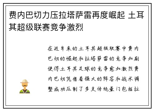 费内巴切力压拉塔萨雷再度崛起 土耳其超级联赛竞争激烈